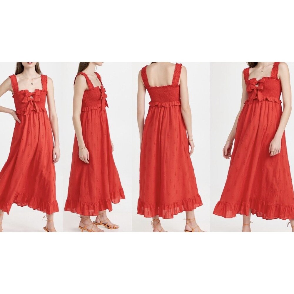 NWT FARM RIO Sz XL Red Pineapple Embroidered Smocked Bow Tie Ruffle Maxi Dress - Picture 3 of 12